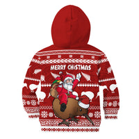 New Zealand Xmas Hoodie KID Mere Kirihimete - Santa With Kiwi Bird LT7 Zip Hoodie Red - Polynesian Pride