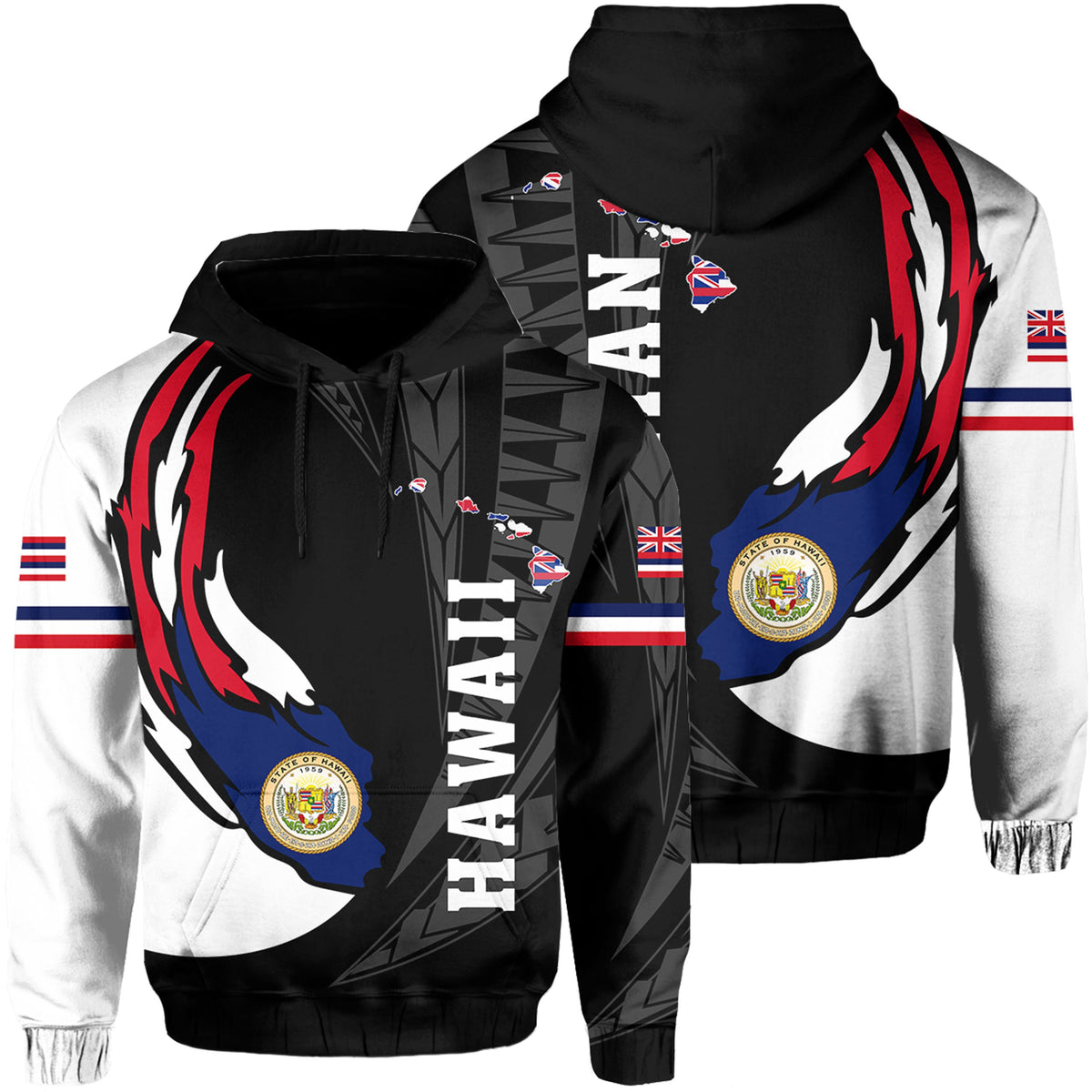 Hawaii Polynesian Coat of Arms Hoodie Ball Style Ver 2.0 Unisex Black - Polynesian Pride