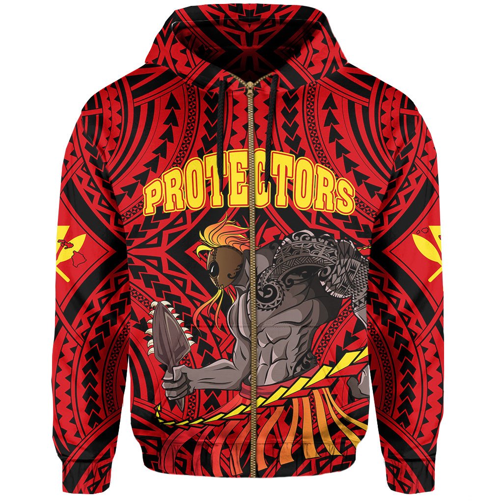 Polynesian Protect Mauna Kea Ikaika Warrior Weapon Hawaii Zip Hoodie Red - Polynesian Pride