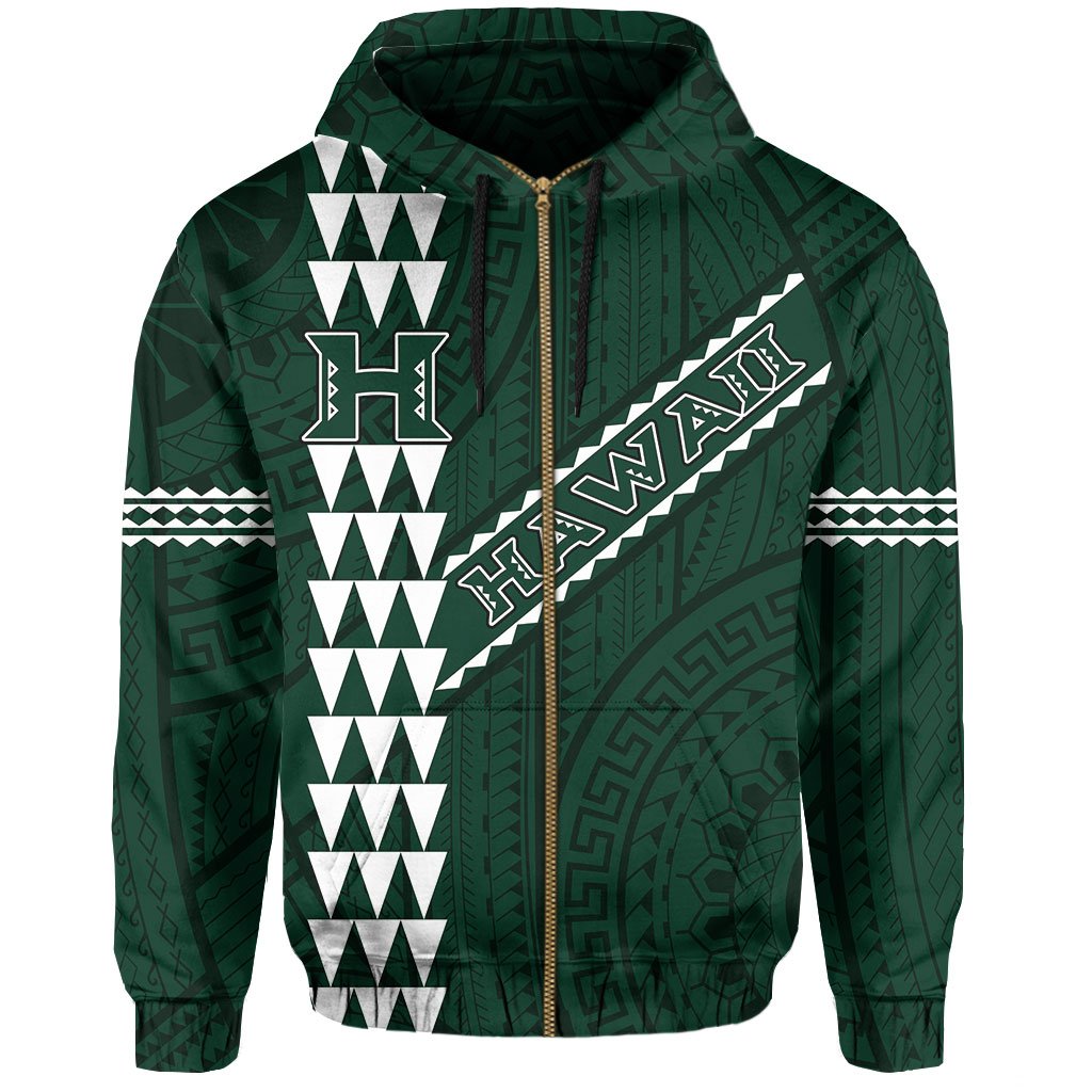 Polynesian Kakau Warrior Turtle American Football Map of Hawaii Zip Hoodie Green - Polynesian Pride