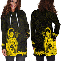 Maori Floral Pattern Hoodie Dress Hummingbird - Gold LT7 - Polynesian Pride