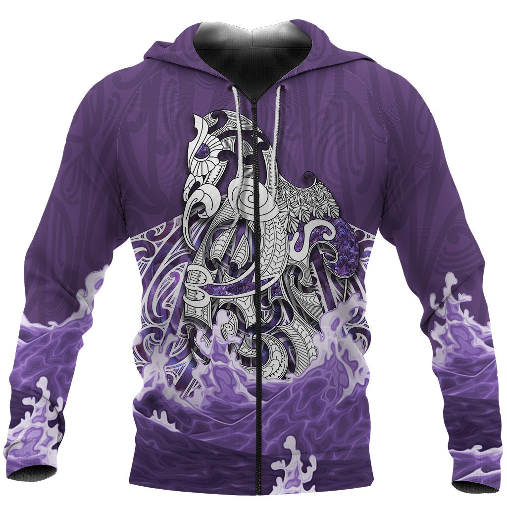 Maori Manaia The Blue Sea Zip Hoodie, Purple Unisex Black - Polynesian Pride