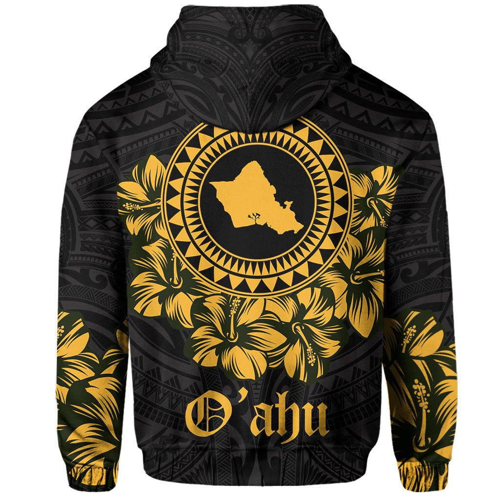 Oahu Map Hibiscus Polynesian Hoodie Zip Lithe Style - Polynesian Pride