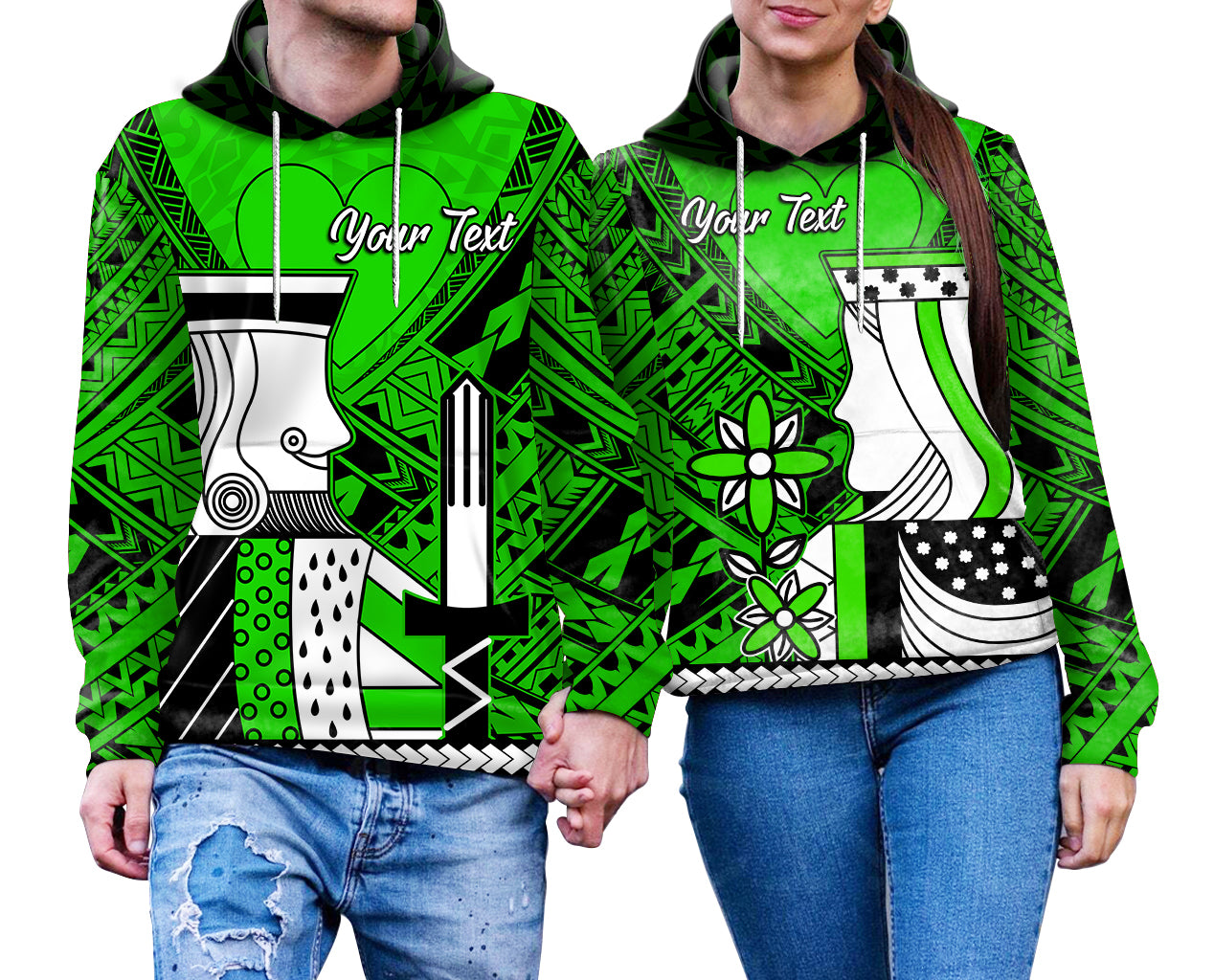 Custom Polynesian Valentine Couple Hoodie Queen and King Heart Green Version LT9 - Polynesian Pride