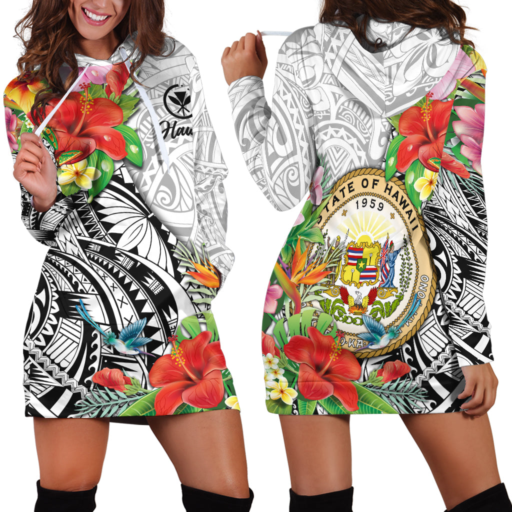 Hawaii Hibiscus Kanaka Polynesia Hoodie Dress - LT2 WHITE - Polynesian Pride