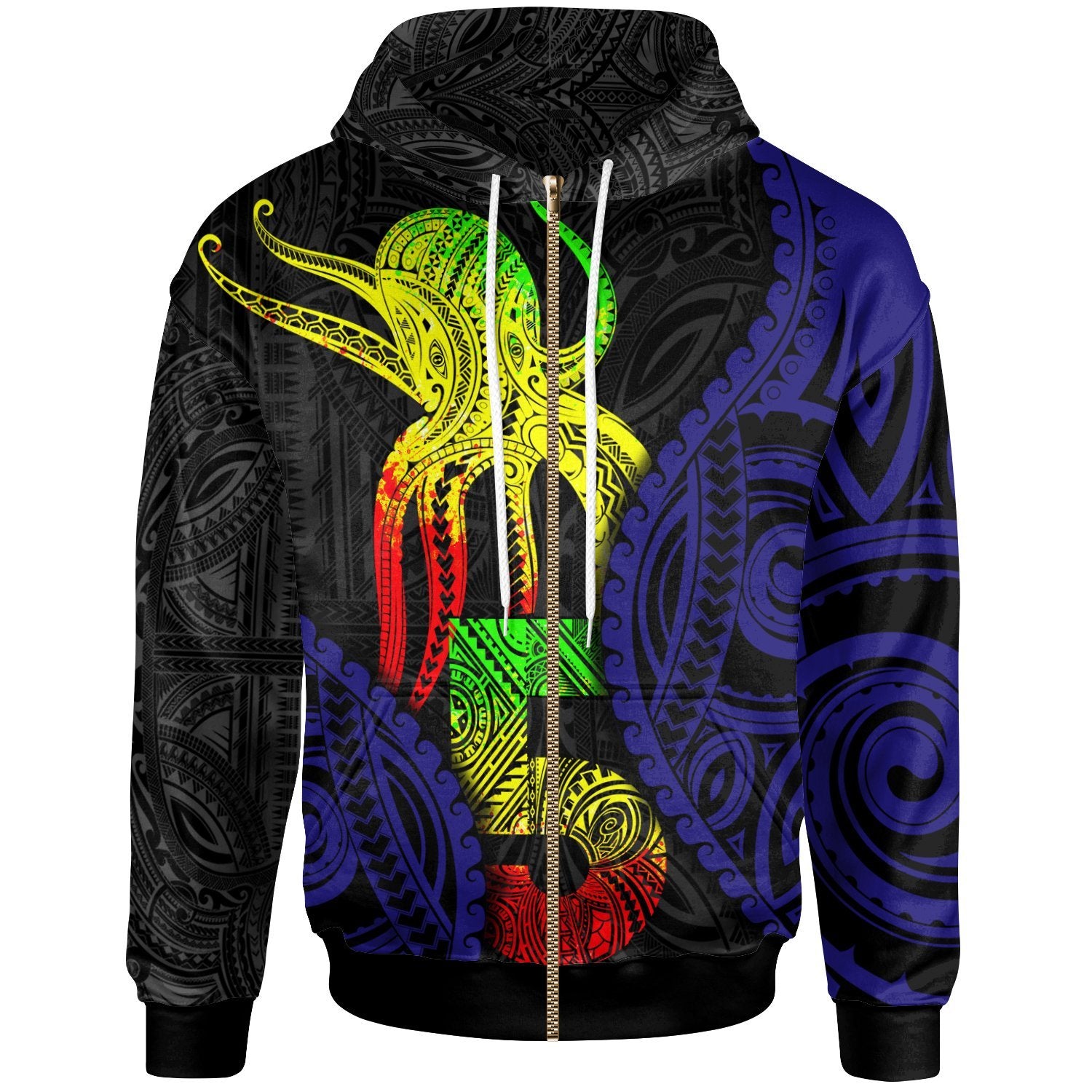 Polynesian Zip up Hoodie Polynesian Octopus Number Style Five Unisex Black - Polynesian Pride