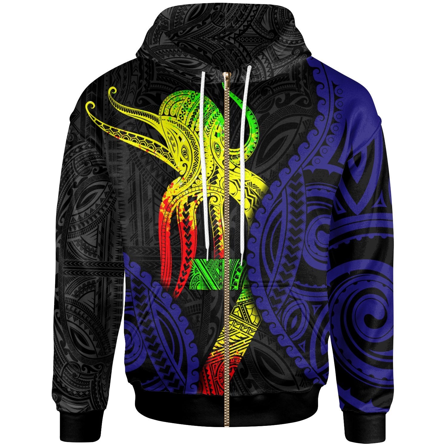 Polynesian Zip up Hoodie Polynesian Octopus Number Style Seven Unisex Black - Polynesian Pride