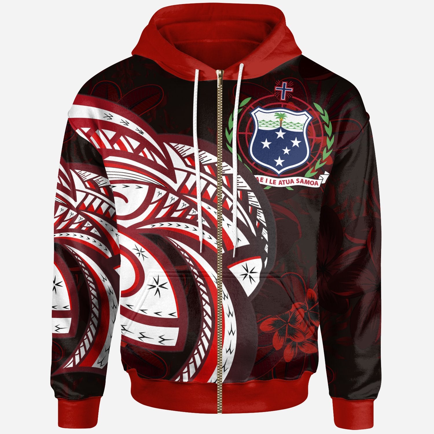 Samoa Zip Hoodie Plumeria Flowers Seamless Pattern Unisex Red - Polynesian Pride