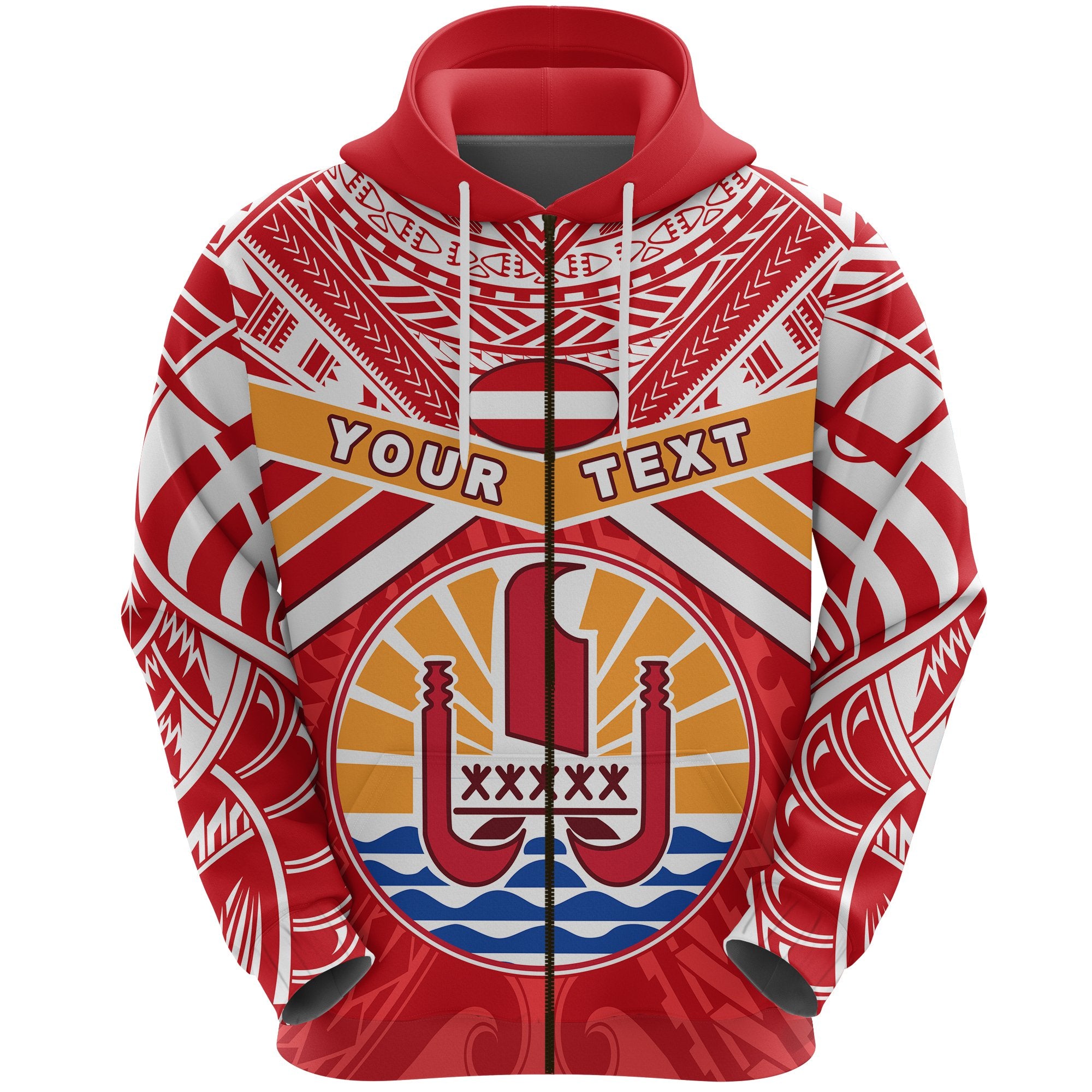 Custom Tahiti Rugby Zip Hoodie Polynesian Coat of Arms and Flag Unisex Red - Polynesian Pride