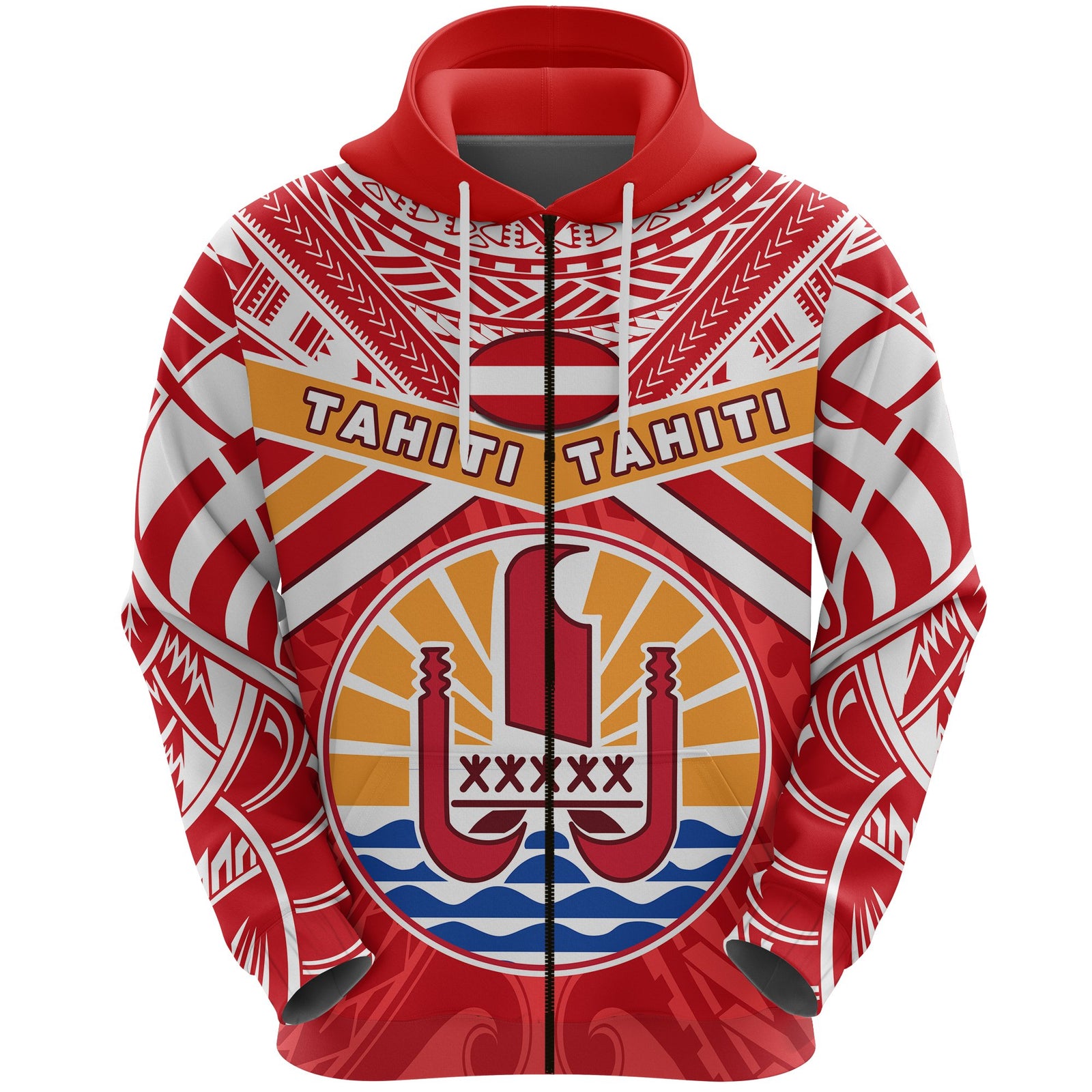 Tahiti Rugby Zip Hoodie Polynesian Coat of Arms and Flag Unisex Red - Polynesian Pride