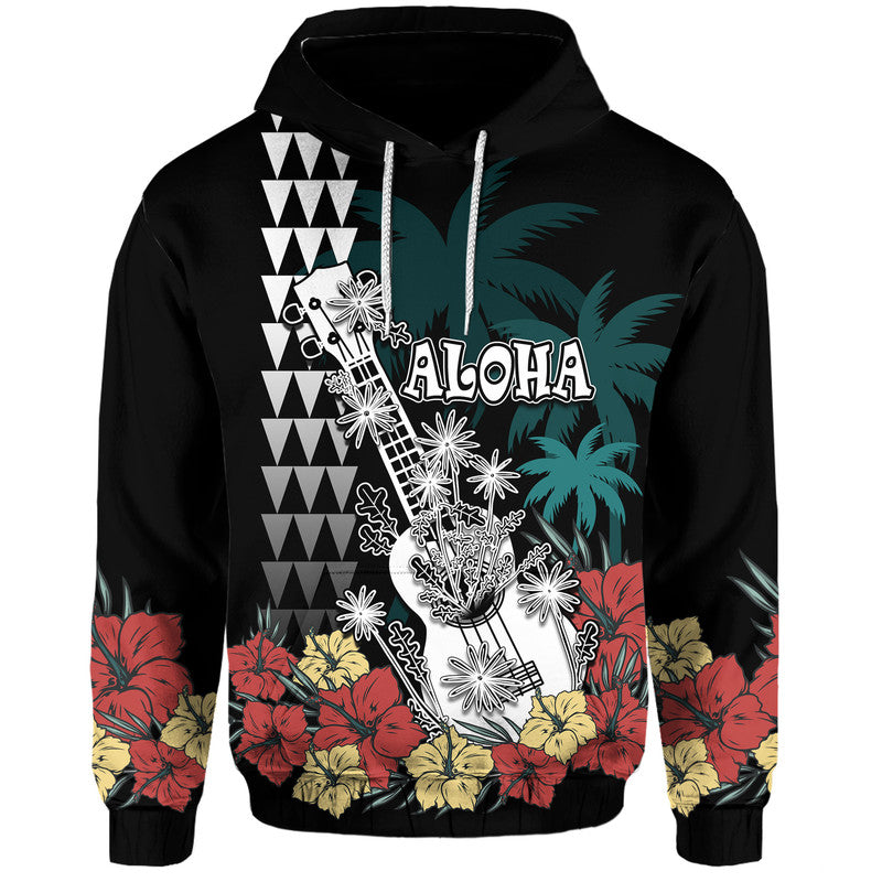 Hawaii Ukulele Mix Hibiscus and Coconut Tree Hoodie Aloha Vintage Black Version LT9 Pullover Hoodie Black - Polynesian Pride