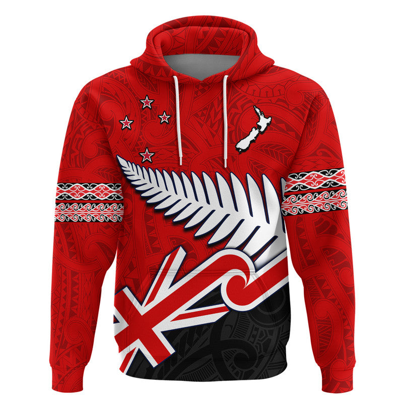 Waitangi Hoodie Aotearoa Tino Rangatiratanga Flag with Silver Fern LT9 Pullover Hoodie Red - Polynesian Pride