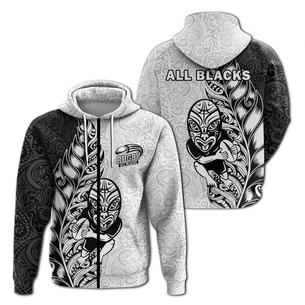 New Zealand Maori All Black Rugby Hoodie LT2 Zip Hoodie WHITE - Polynesian Pride