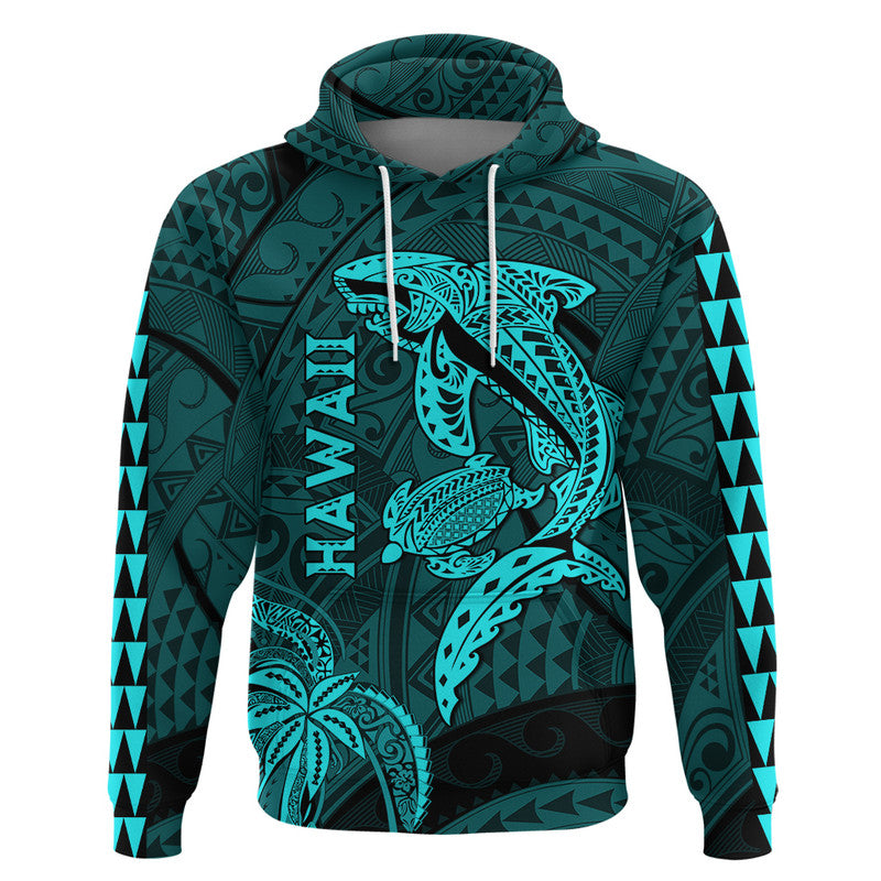 Hawaii Hoodie Shark and Turtle Mix Kakau Turquoise LT9 Pullover Hoodie Turquoise - Polynesian Pride