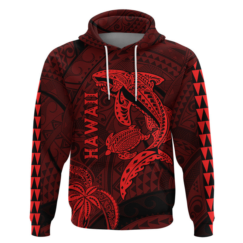 Hawaii Hoodie Shark and Turtle Mix Kakau Red LT9 Pullover Hoodie Red - Polynesian Pride