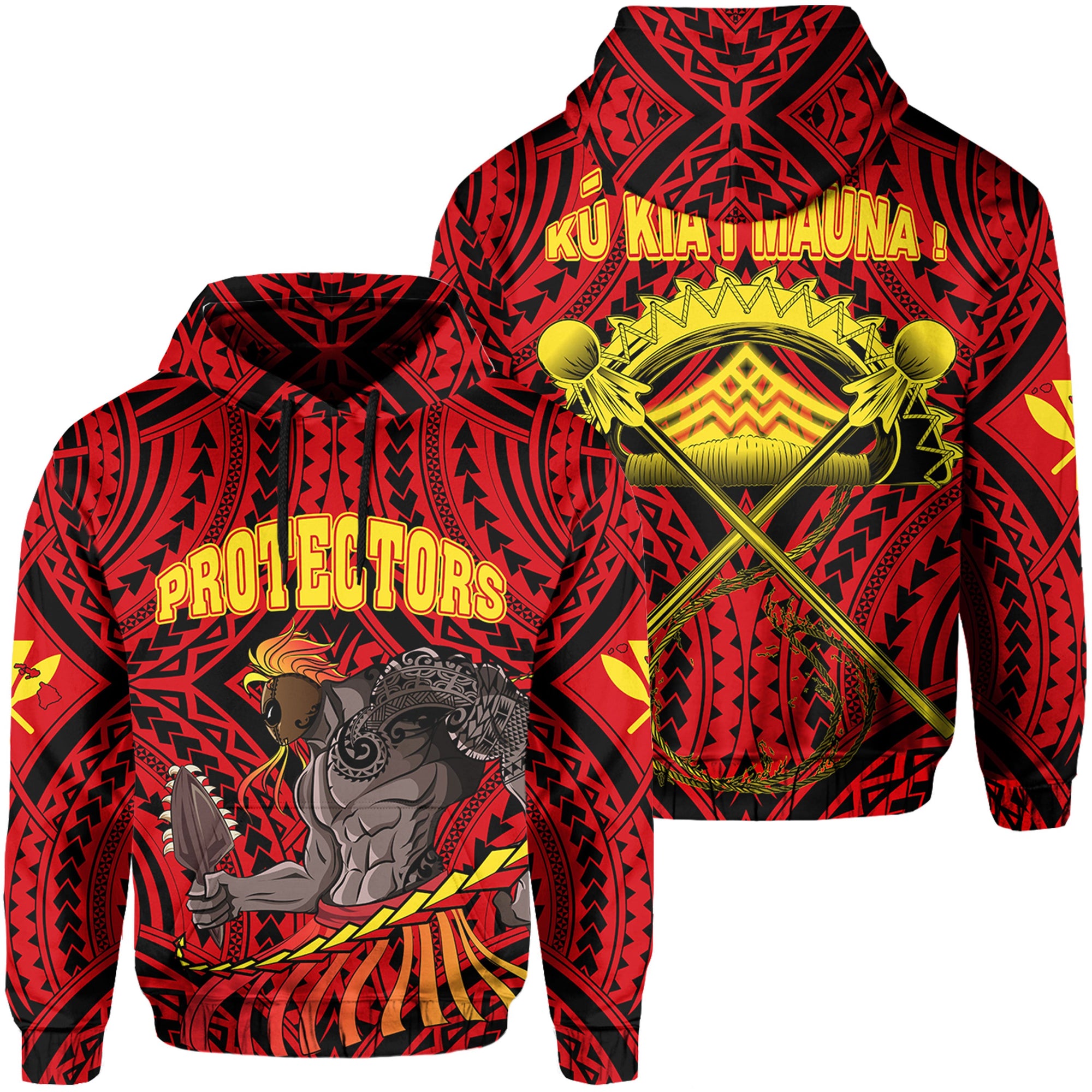 Polynesian Protect Mauna Kea Ikaika Warrior Weapon Hawaii Hoodie Red Unisex Red - Polynesian Pride