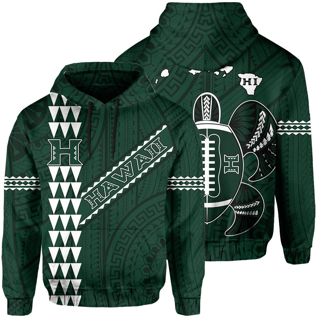 Polynesian Kakau Warrior Turtle American Football Map of Hawaii Hoodie Green Unisex Green - Polynesian Pride