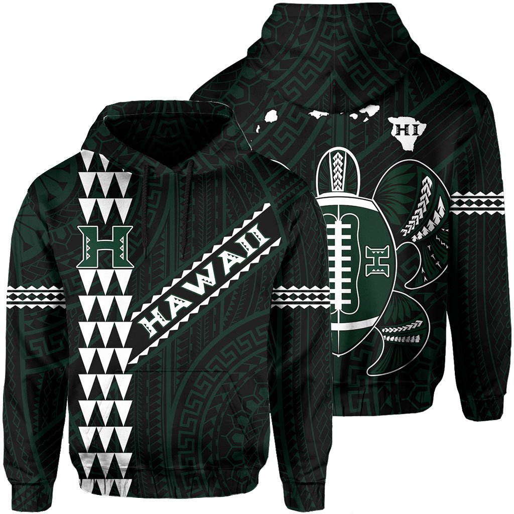 Polynesian Kakau Warrior Turtle American Football Map of Hawaii Hoodie Black Unisex Black - Polynesian Pride