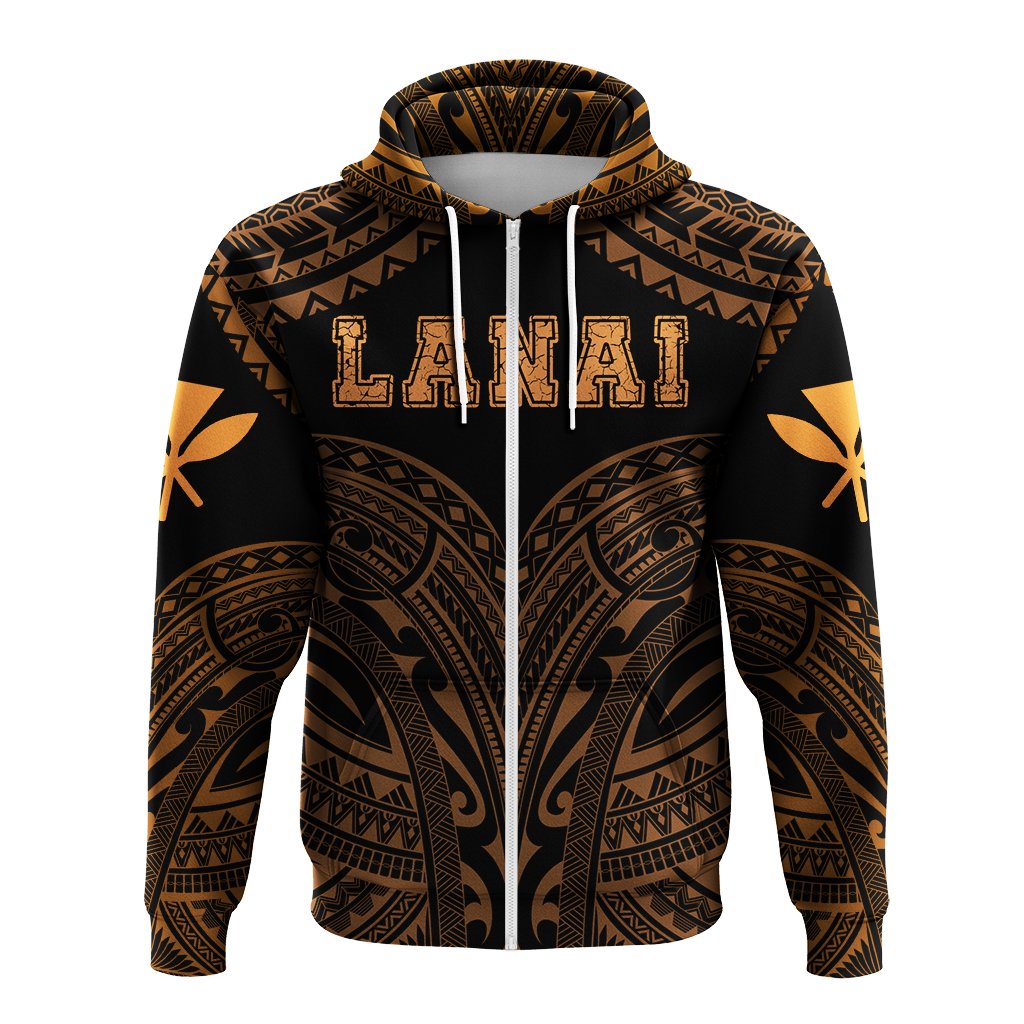 Hawaiian Kanaka Map Polynesian Lanai Hoodie Zip Orange Brad Style - Polynesian Pride