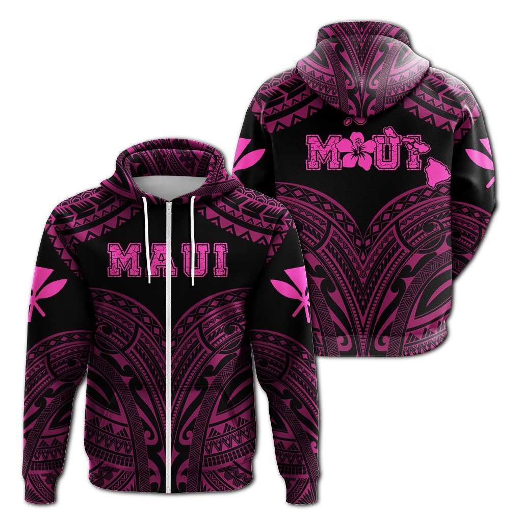 Hawaiian Kanaka Map Polynesian Maui Hoodie Zip Pink Brad Style Unisex Pink - Polynesian Pride