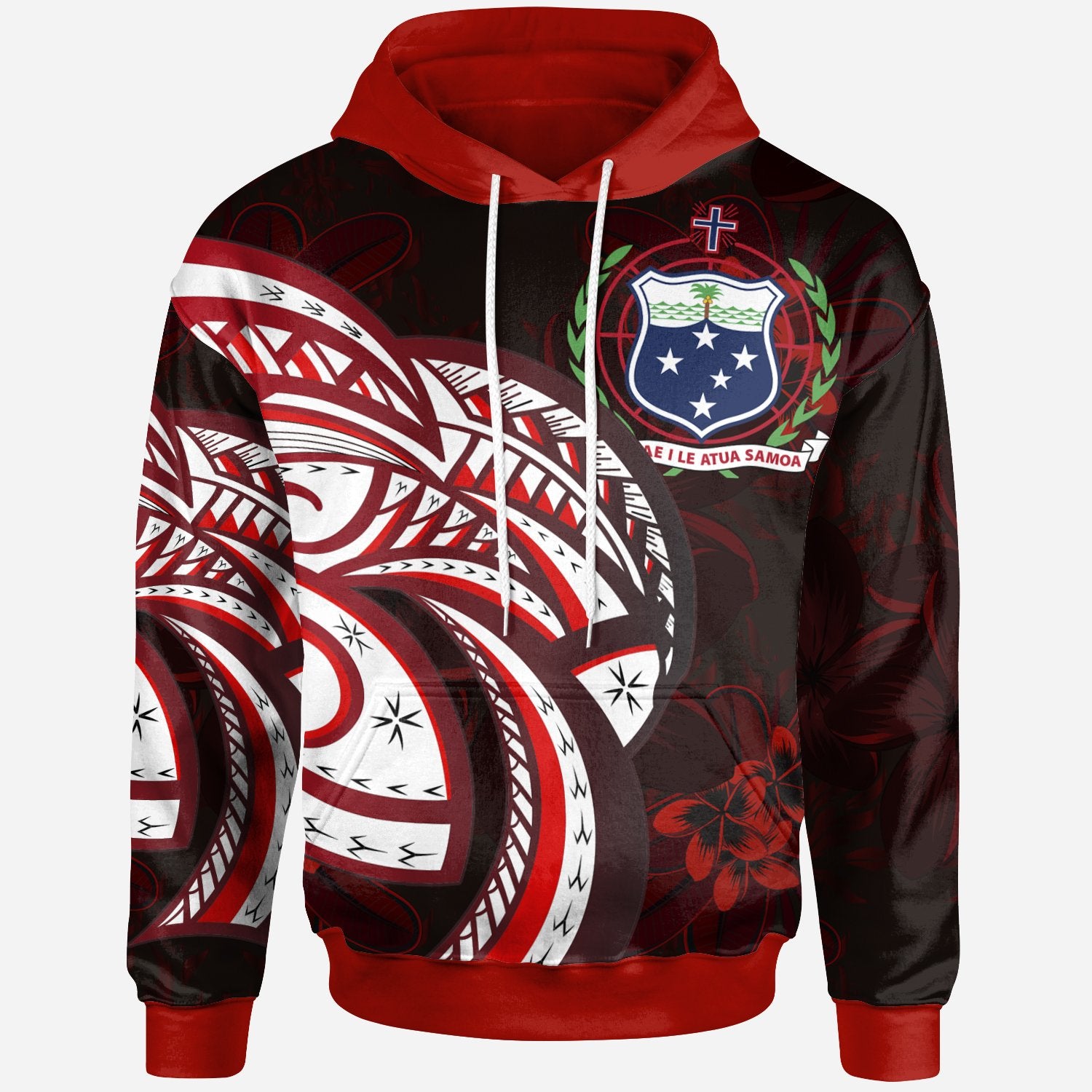 Samoa Hoodie Plumeria Flowers Seamless Pattern Unisex Red - Polynesian Pride