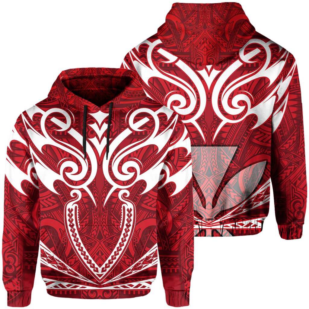 Hawaii Kanaka Polynesian Football Jersey Hoodie Red and White Bernice Style Unisex Red - Polynesian Pride