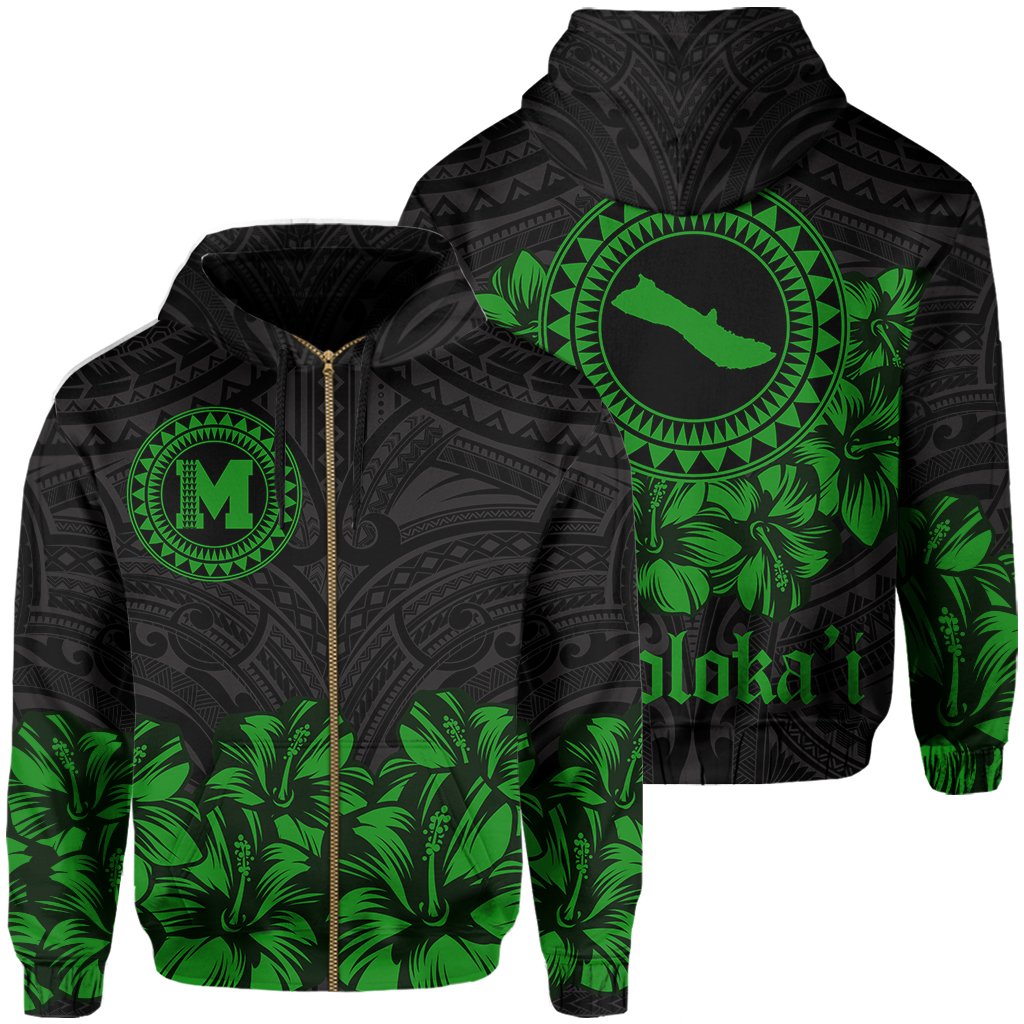 Molokai Map Hibiscus Polynesian Hoodie Zip Lithe Style Unisex Green - Polynesian Pride