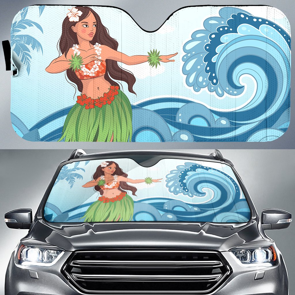 Hula Dance Cartoon Car Sun Shade AH Auto Sun Shade Universal Fit White - Polynesian Pride