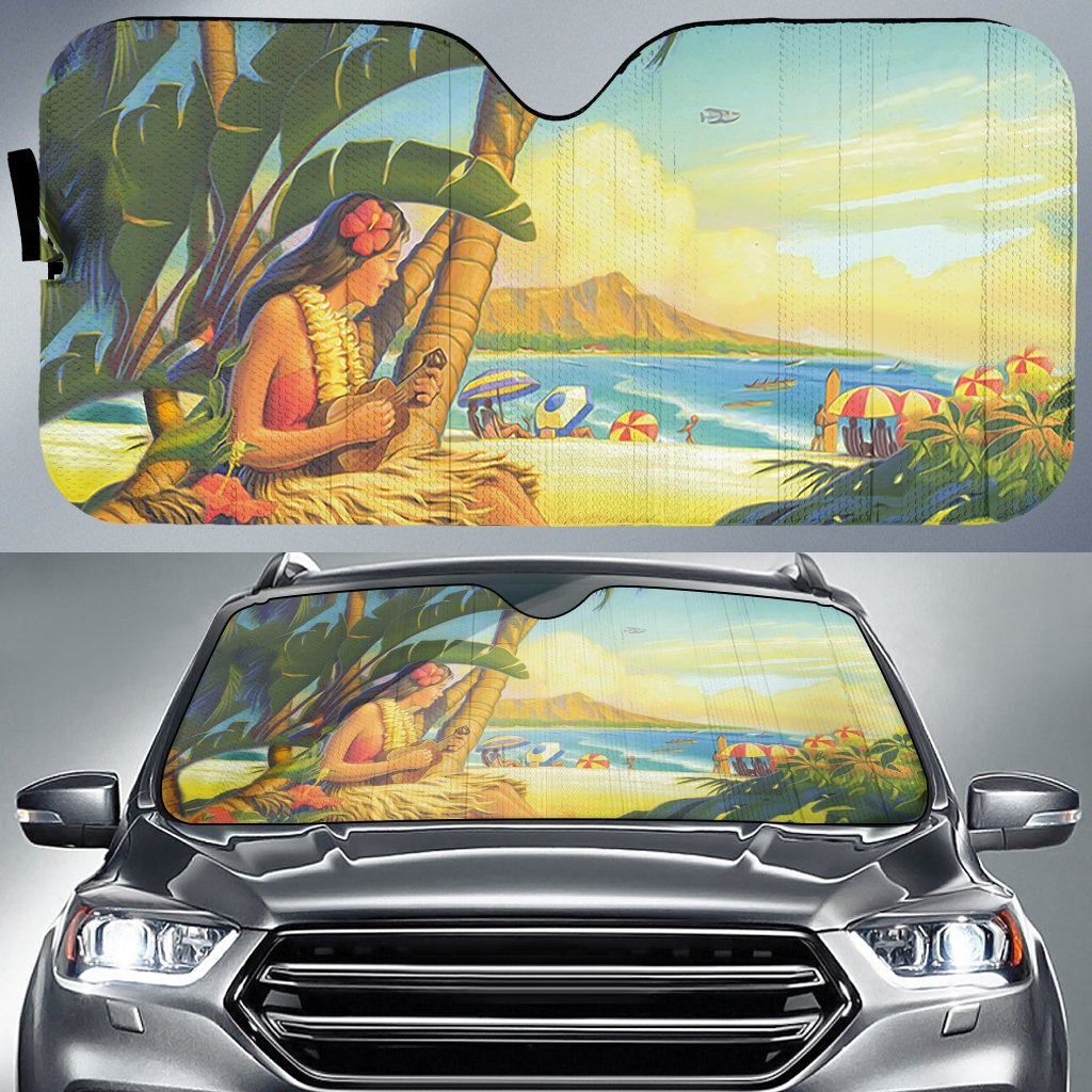 Hula Girl Sing On Beach Car Sun Shade AH Auto Sun Shade Universal Fit White - Polynesian Pride