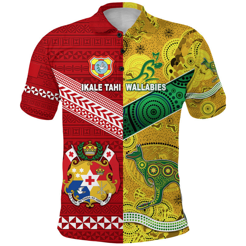 Custom Tonga Ikale Tahi Ngatu and Australia Wallabies Aboriginal Polo Shirt Rugby Together LT8 - Polynesian Pride