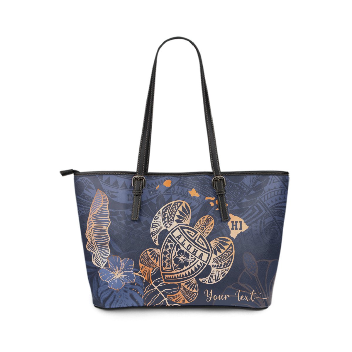 Personalized - Hawaii Kakau Polynesian Aloha Turtle Map Small Leather Tote - Special Edition Blue - Polynesian Pride