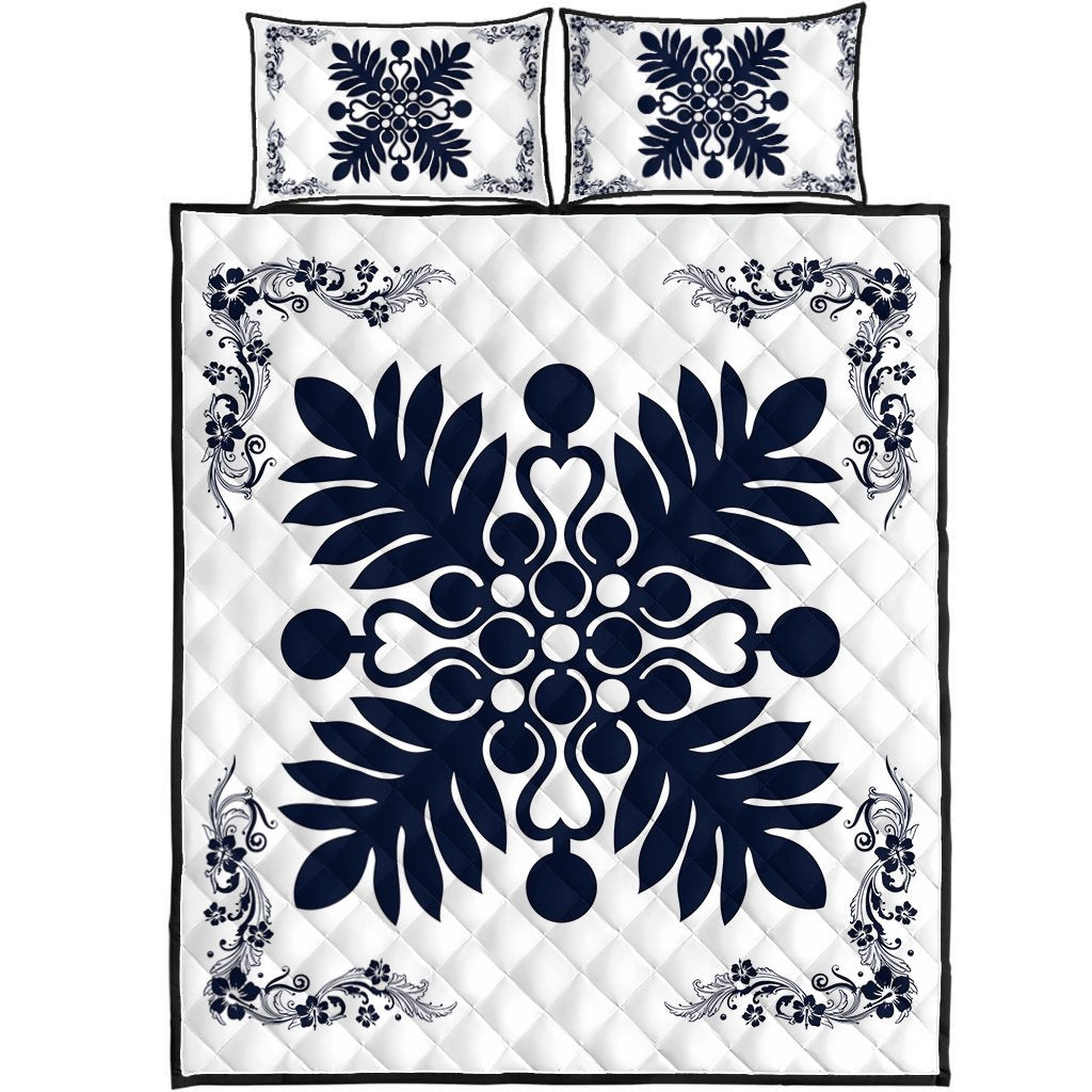 Hawaiian Quilt Maui Plant And Hibiscus Pattern Quilt Bed Set - Indigo White - AH Indigo - Polynesian Pride