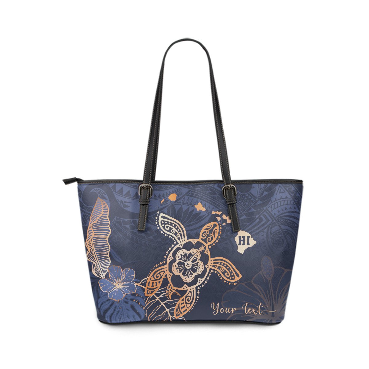 Personalized - Hawaii Kakau Polynesian Turtle Map Large Leather Tote Bag - Indigo Blue - Polynesian Pride