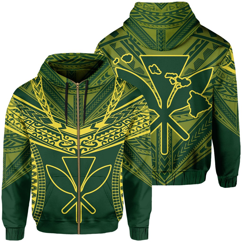 Hawaiian Kanaka Map Football Jersey Hoodie Zip Green and Yellow Roger Style Unisex Green - Polynesian Pride