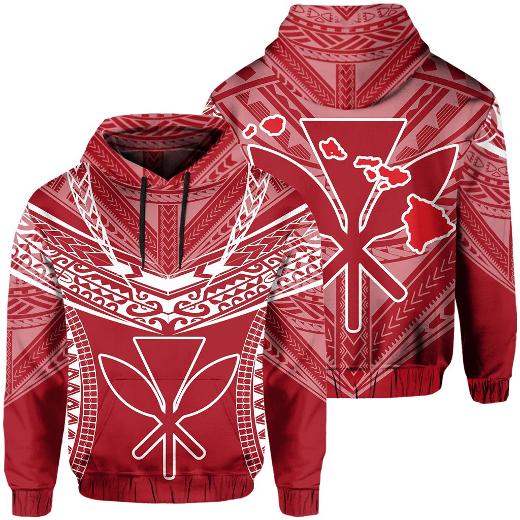 Hawaiian Kanaka Map Football Jersey Hoodie Red and White Roger Style Unisex Red - Polynesian Pride