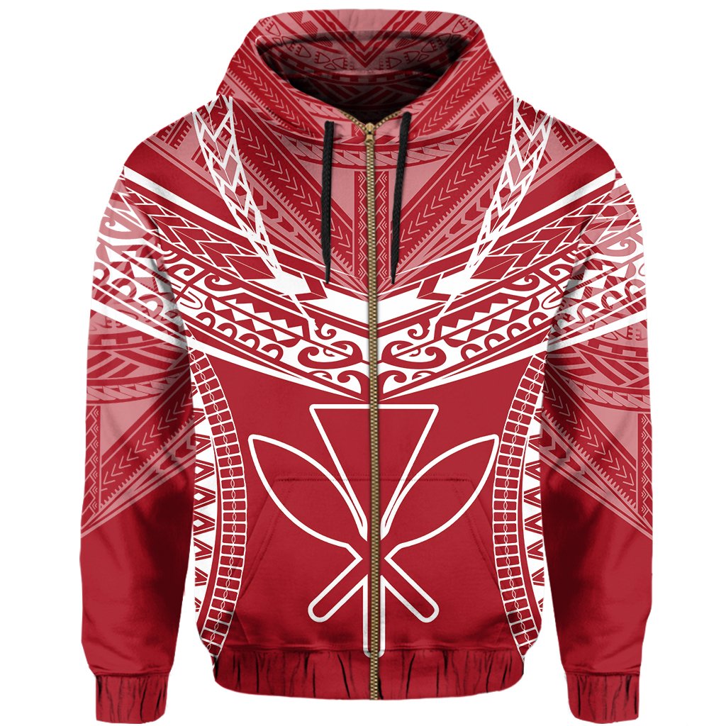 Hawaiian Kanaka Map Football Jersey Hoodie Zip Red and White Roger Style - Polynesian Pride
