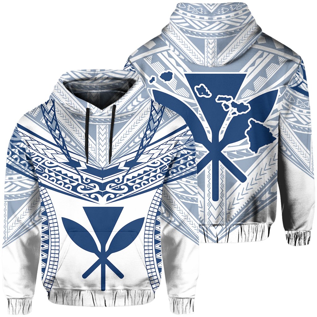 Hawaiian Kanaka Map Football Jersey Hoodie White and Blue Roger Style Unisex White - Polynesian Pride