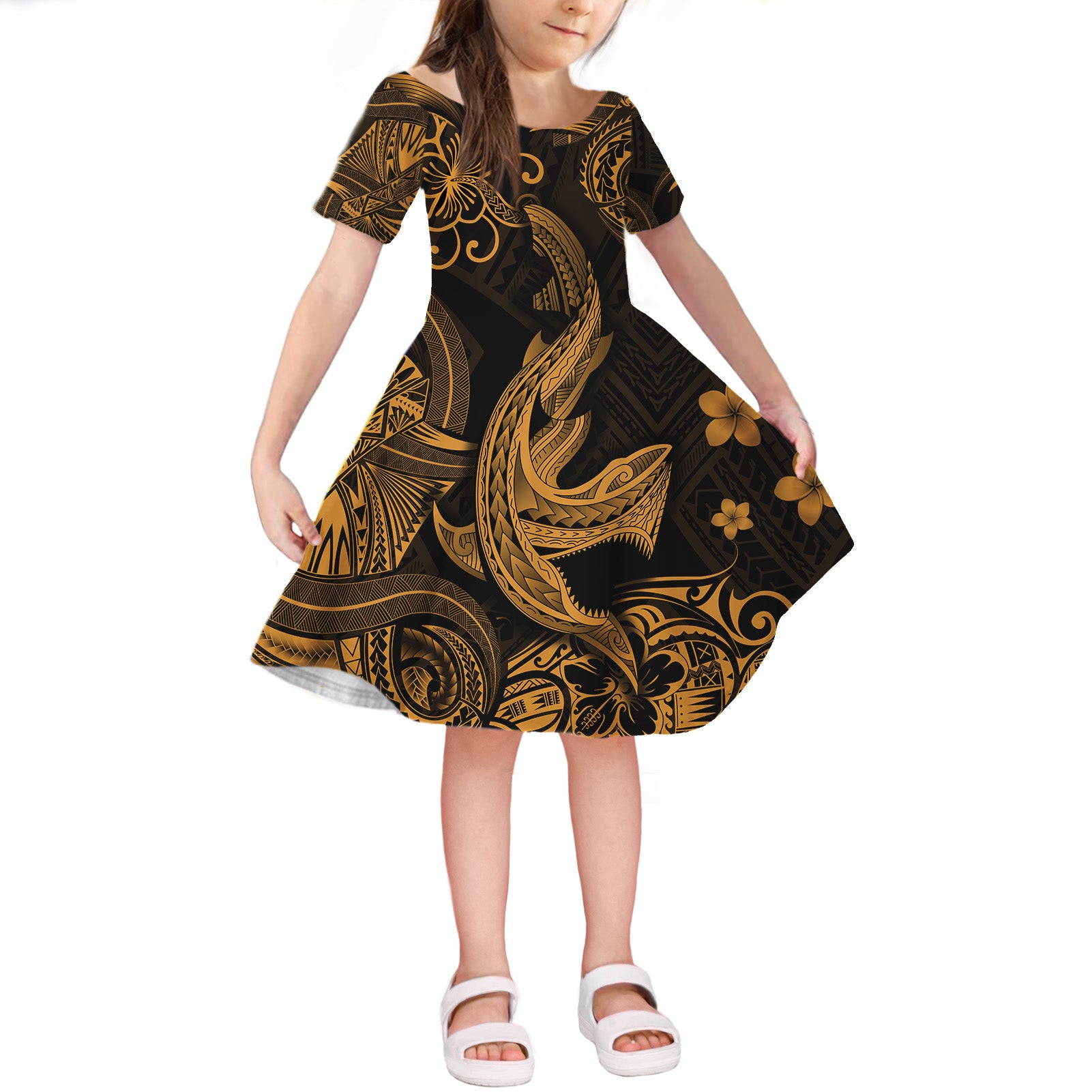 Hawaii Angry Shark Polynesian Short Sleeve Dress KID Unique Style - Gold LT8 - Polynesian Pride