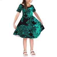 Hawaii Flowers Mix Tribal Pattern Short Sleeves Dress KID LT6 KID Turquoise - Polynesian Pride