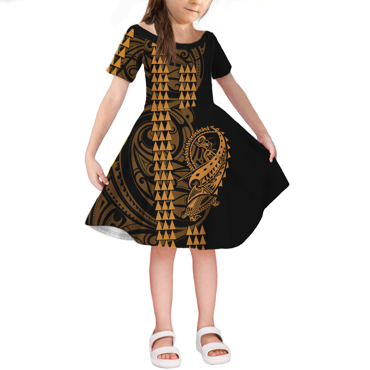 Hawaii Polynesian Warrior Kakau Short Sleeves Dress KID LT6 KID Gold - Polynesian Pride