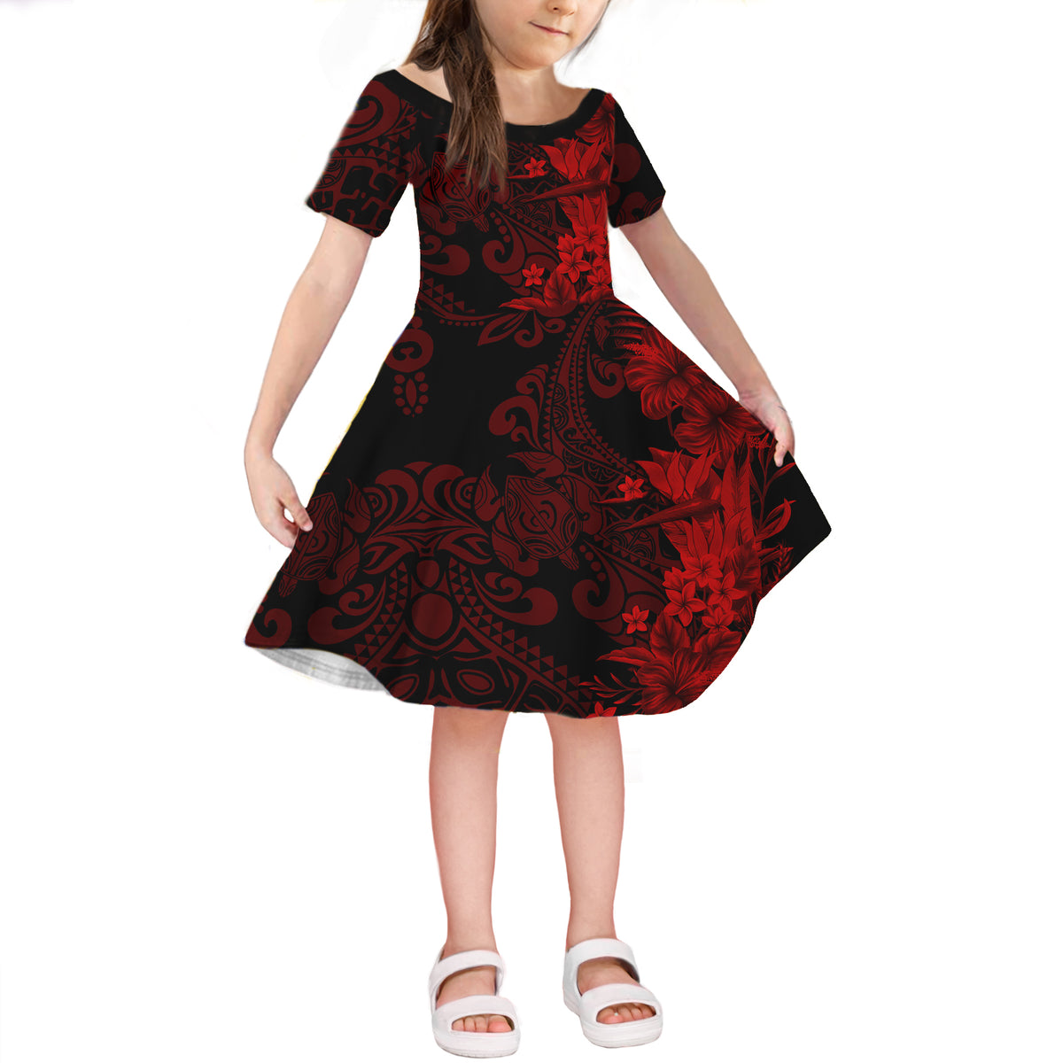 Hawaii Flowers Mix Tribal Pattern Short Sleeves Dress KID LT6 KID Red - Polynesian Pride