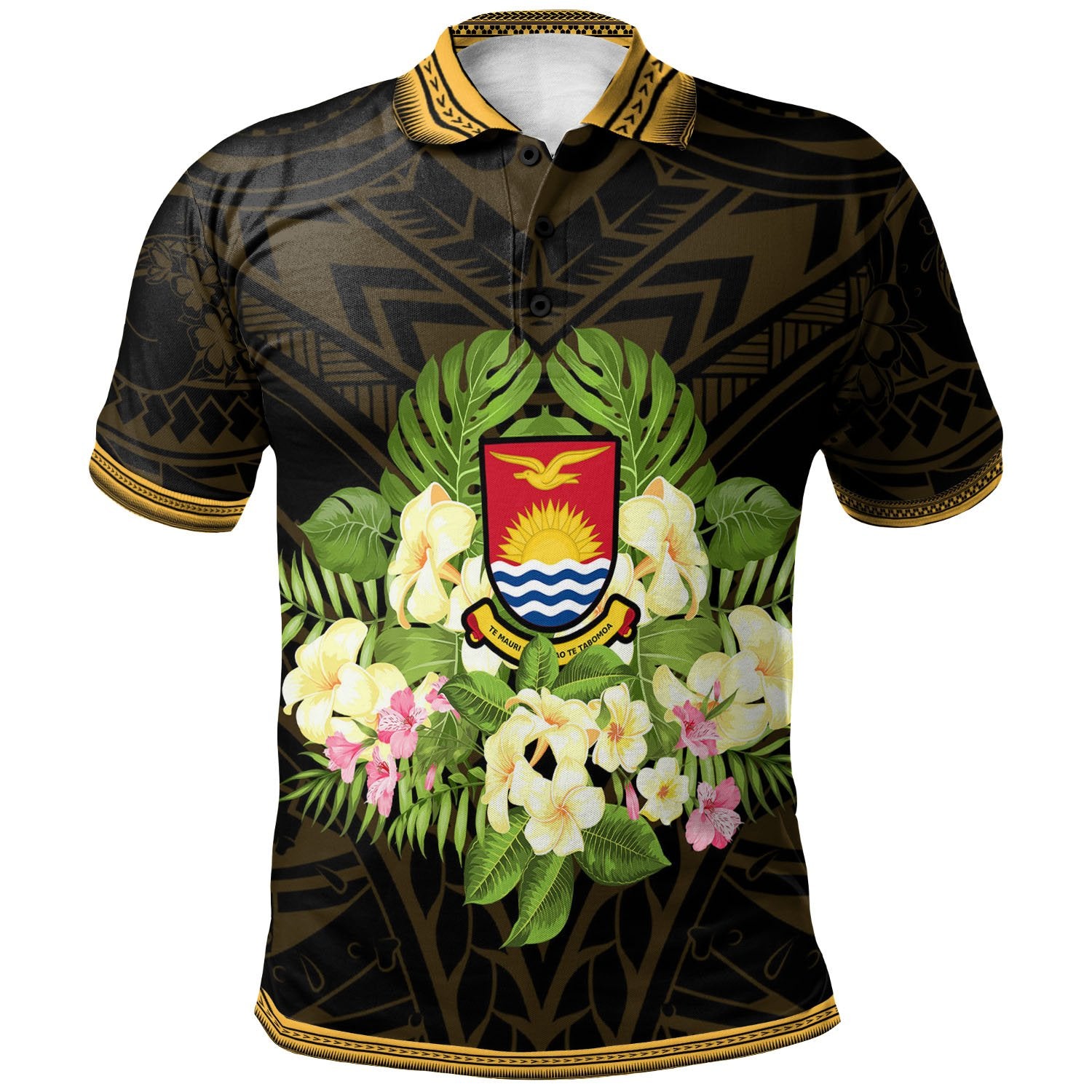 Kiribati Polo Shirt Polynesian Gold Patterns Collection Unisex Black - Polynesian Pride