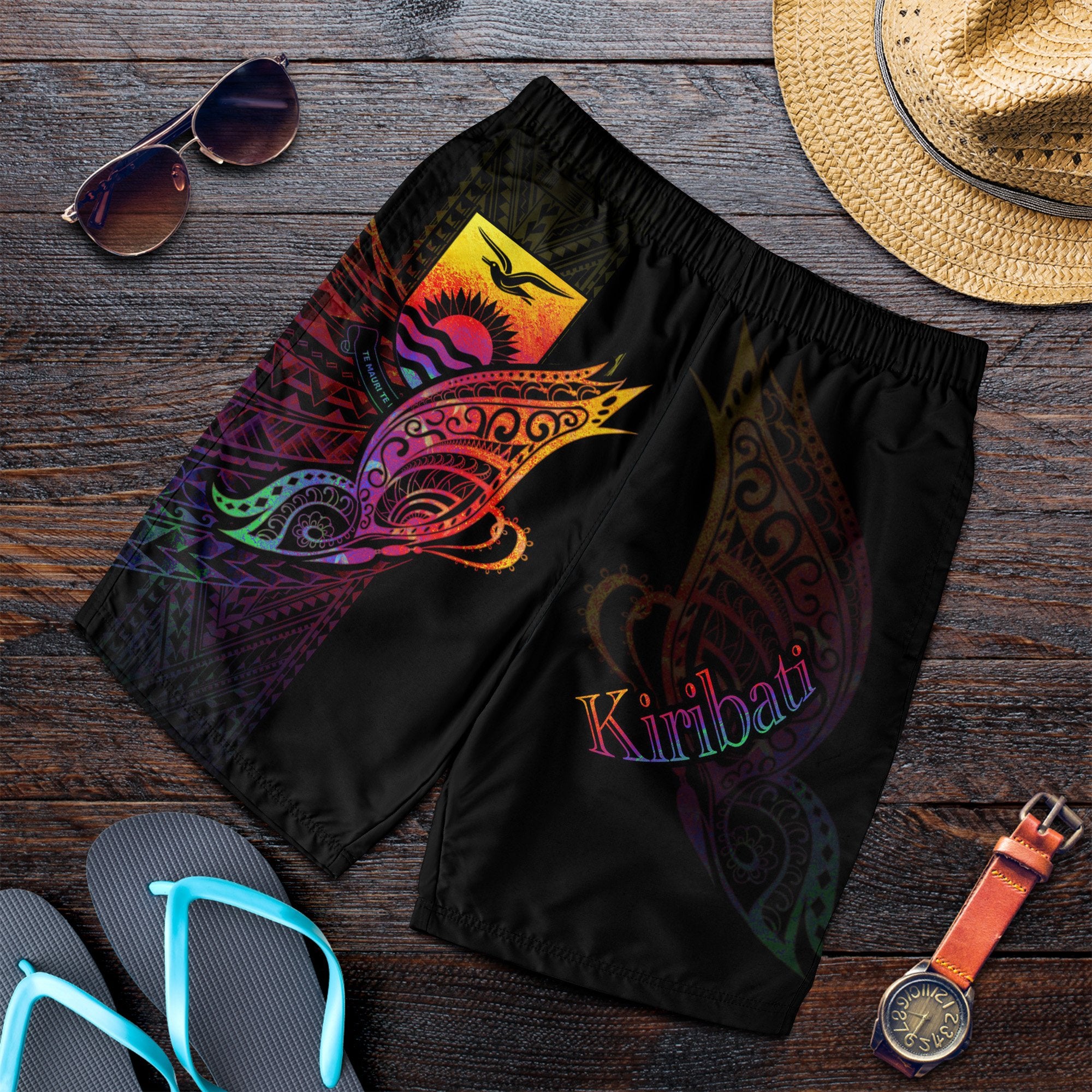 Kiribati Men's Shorts - Butterfly Polynesian Style Black - Polynesian Pride