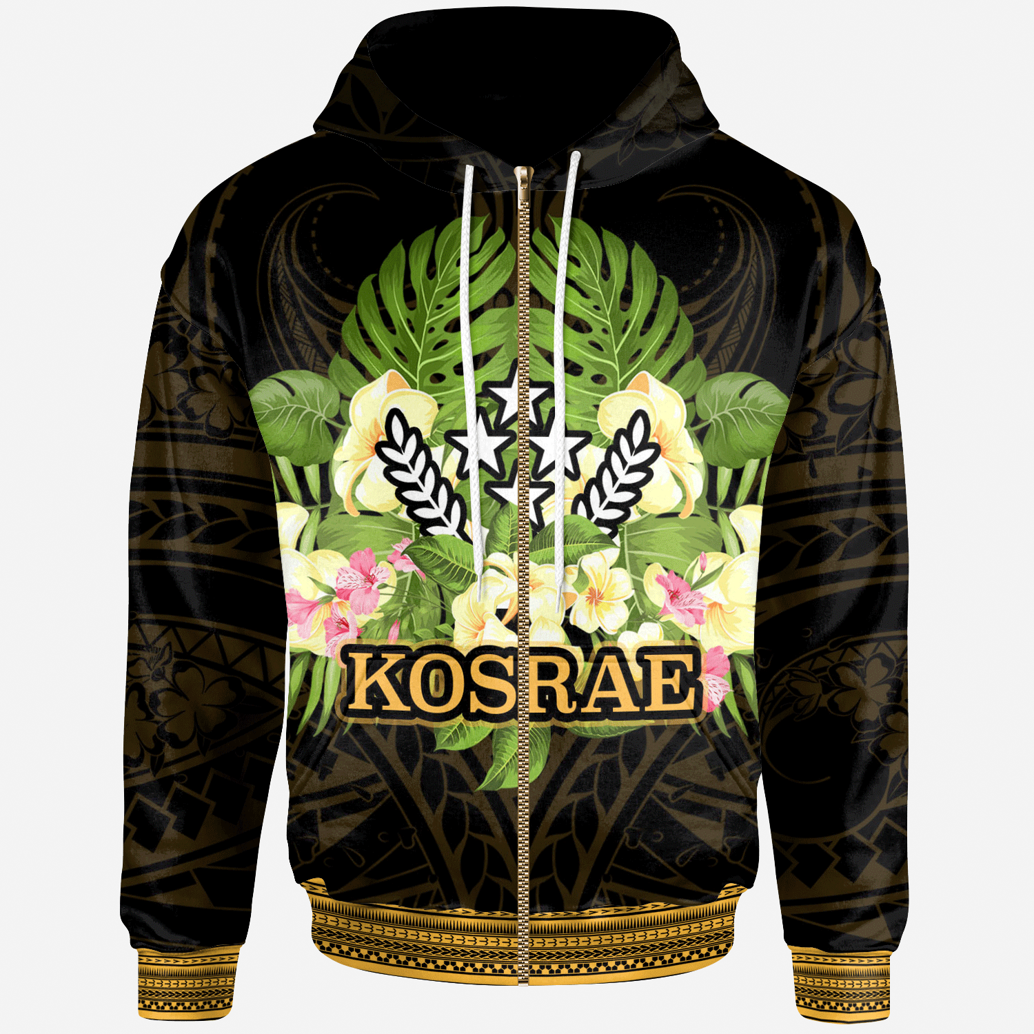 Kosrae State Zip Hoodie Polynesian Gold Patterns Collection Unisex Black - Polynesian Pride