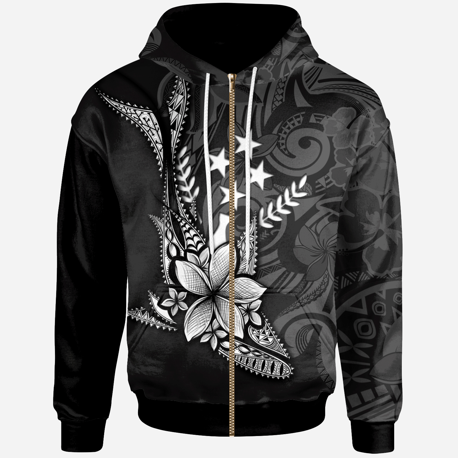 Kosrae State Zip Hoodie Fish With Plumeria Flowers Style Unisex Black - Polynesian Pride