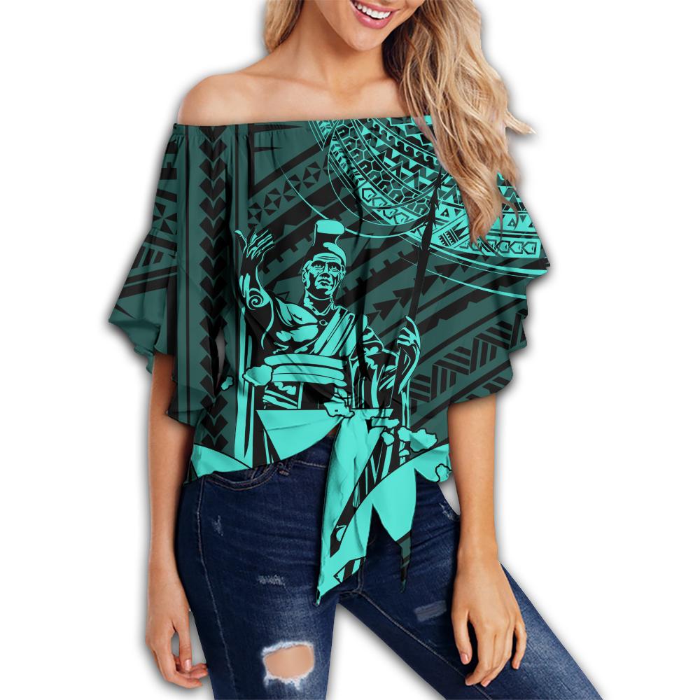 Hawaiian King Kanaka Map Polynesian Kahoolawe Women's Off Shoulder Wrap Waist Top - Turquoise - Hala Style - AH Female Turquoise - Polynesian Pride