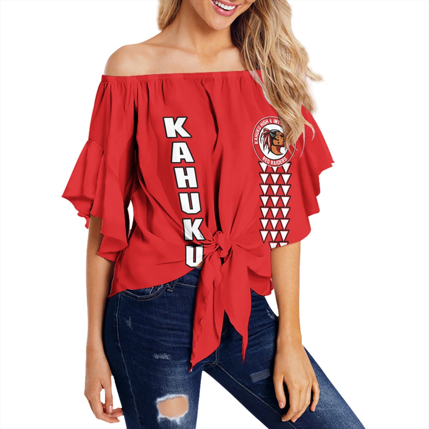 (Personalised) Hawaii - Kahuku High Custom Your Class Off Shoulder Waist Wrap Top AH Female Red - Polynesian Pride