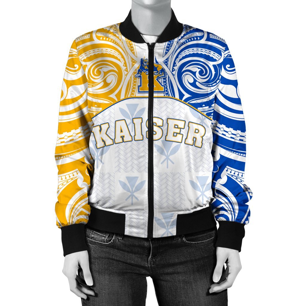 Hawaii Bomber Jacket - Kanaka Kaiser High School Women's Bomber Jacket Demodern Style AH White - Polynesian Pride