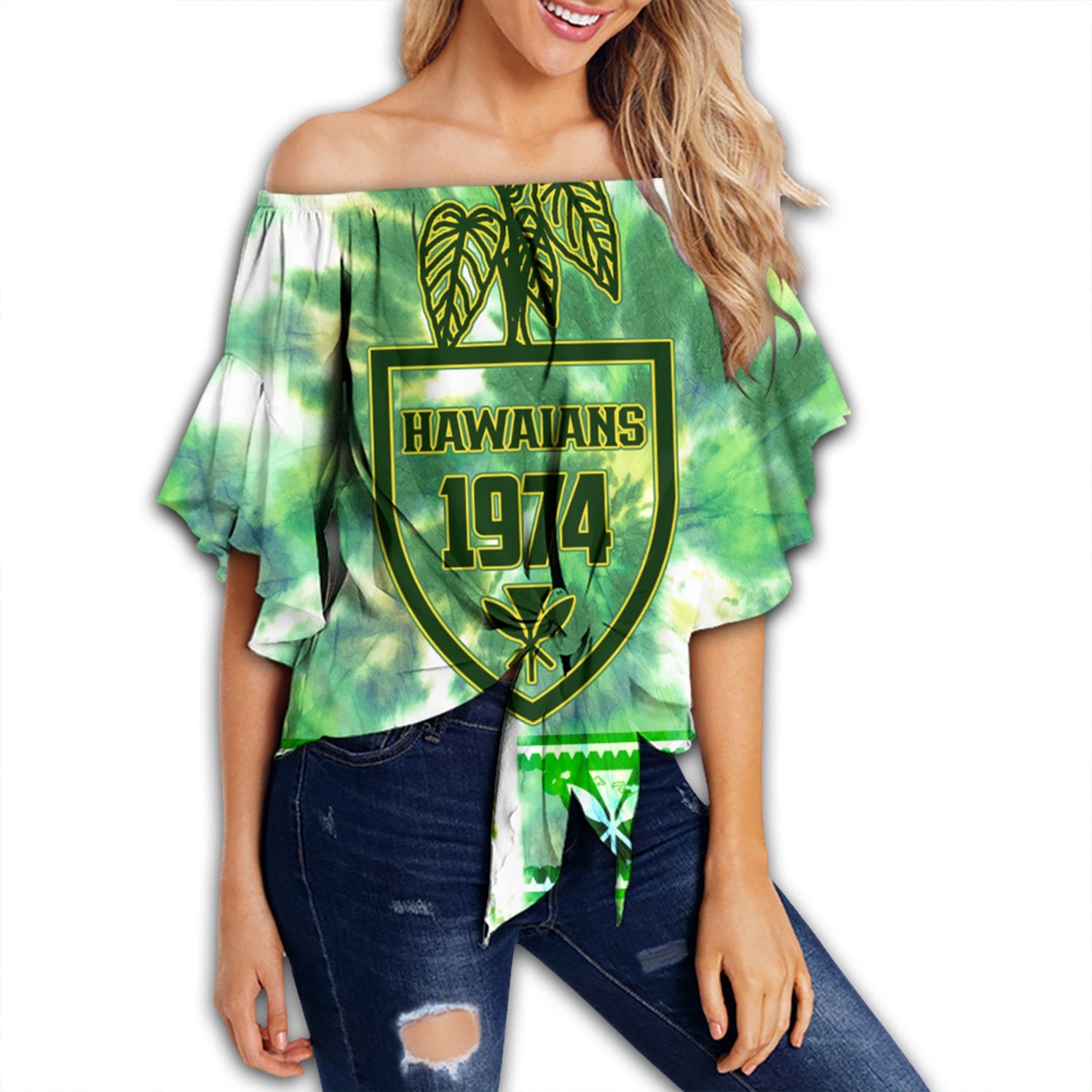 Hawaii Kalo Tie Dye Off Shoulder Waist Wrap Top - Refresh - AH Female Green - Polynesian Pride