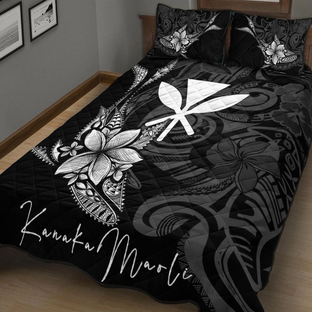 Hawaii Kanaka Maoli Quilt Bed Set - Fish With Plumeria Flowers Style Black - Polynesian Pride